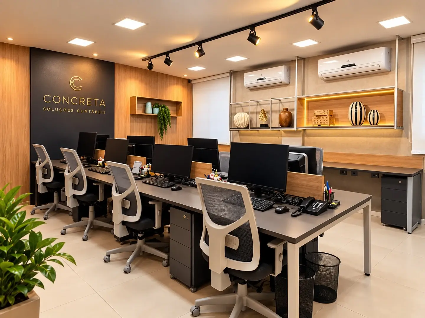 Ambiente interno do escritório da Concreta, com mesas de trabalho e a marca na parede